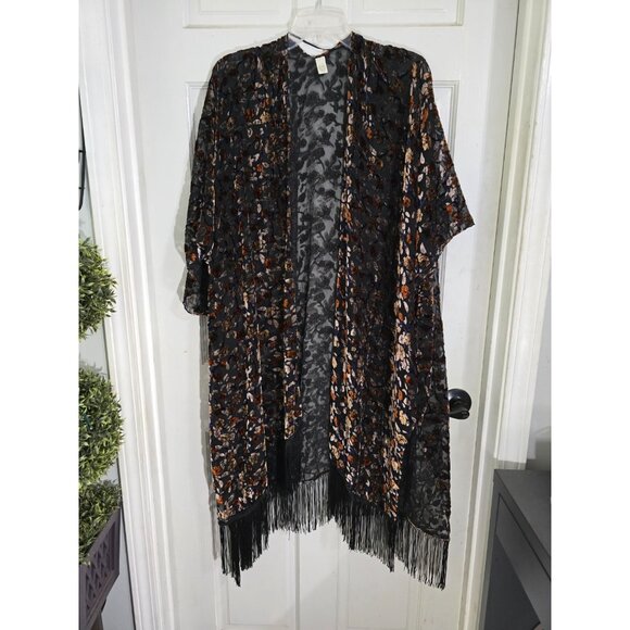 Cato Womens Multicolor‎ Floral Velvet Burnout Fringe Kimono Open Front One Size - Picture 4 of 14